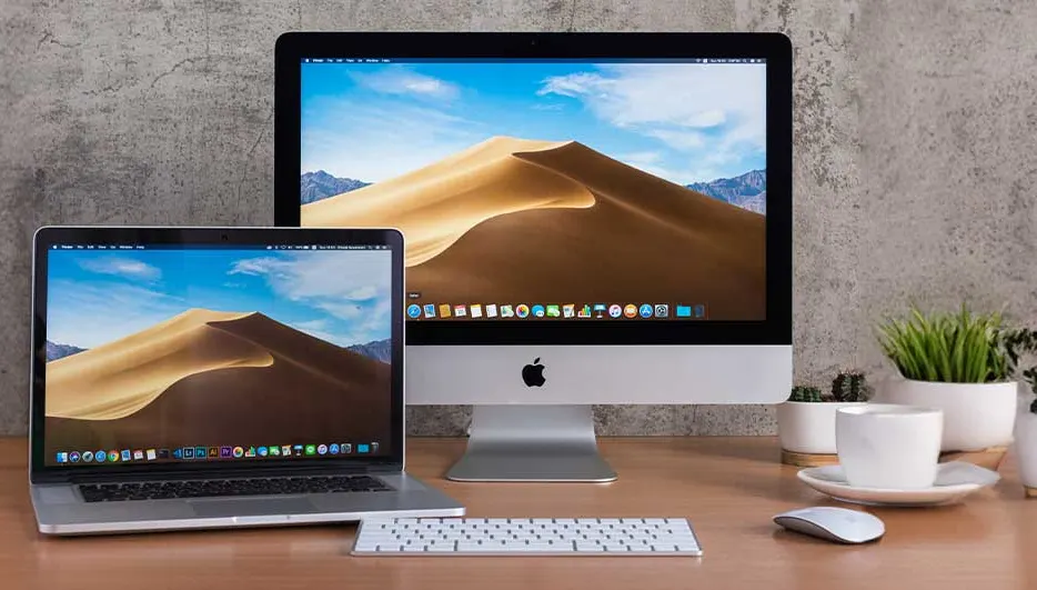 Bureau met iMac, laptop, toetsenbord en muis. Achtergrond: grijze muur, planten, kop en schotel. Schermen tonen zandduin.