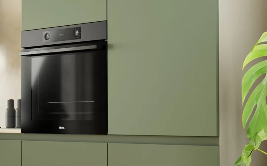 Zicht op een groene keuken met een zwarte oven en een grote kamerplant rechts.