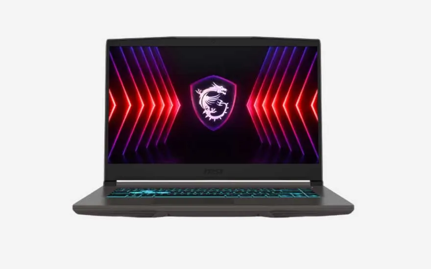 Dark MSI gaming laptop with bright RGB keyboard, screen showing red and purple light arrows pointing towards a dragon emblem in the centre.