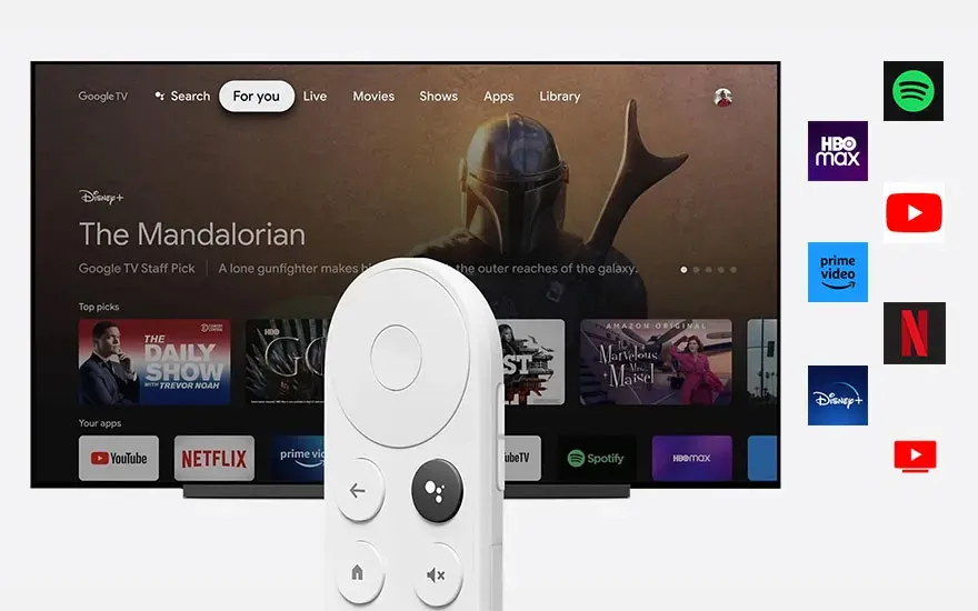 Écran TV avec applis et séries, plus une télécommande blanche au premier plan ; logos de plateformes à droite.