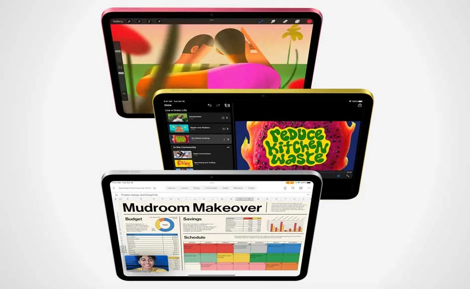 Drie iPads in roze, geel en zilver tonen afbeeldingen en tekst, waaronder "Mudroom Makeover" en "Reduce Kitchen Waste" tegen een witte achtergrond.