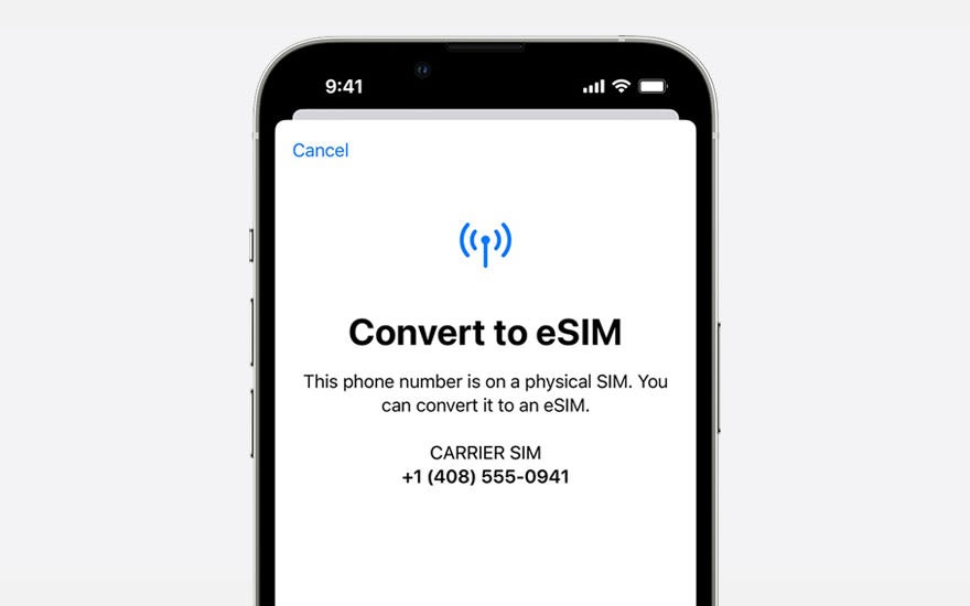Image d'un iPhone affichant l'écran "Convertir en eSIM" avec les détails de l'opérateur SIM et un numéro de téléphone.