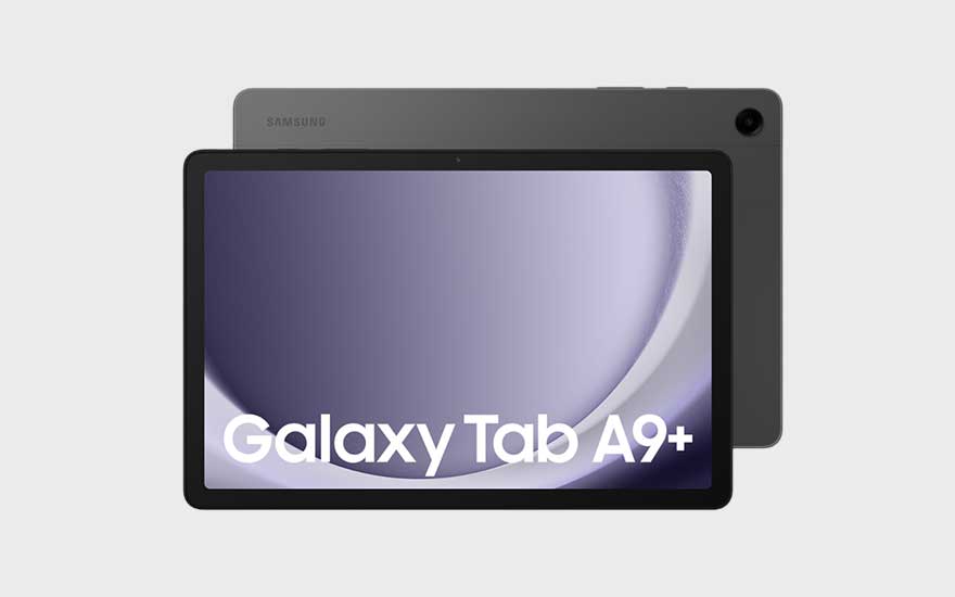 La Samsung Galaxy Tab A9+ est mise en avant de face et de dos sur fond gris clair, arborant un design moderne.