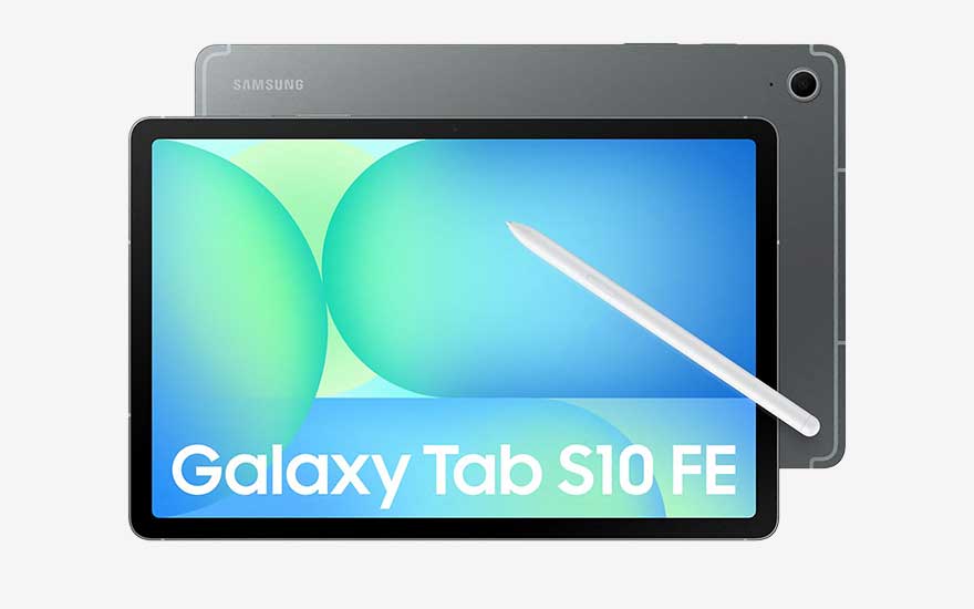 Grey Samsung Galaxy Tab S10 FE, front over back view, white stylus in front and screen filled with soft green and blue tones.