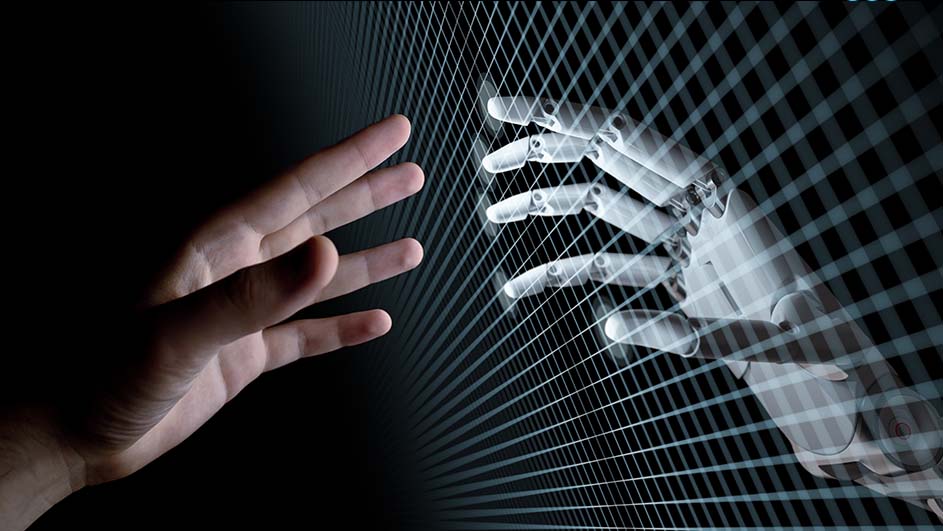Een menselijke hand nadert een robotische hand achter een wit raster tegen een zwarte achtergrond.
