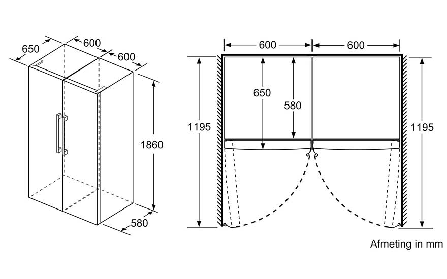 Schéma technique d'une douche avec dimensions en millimètres. Vue en perspective et de face.