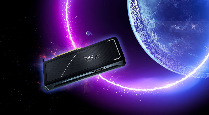 Een zwarte grafische kaart staat voor een blauwe planeet en paarse bliksem in de ruimte.