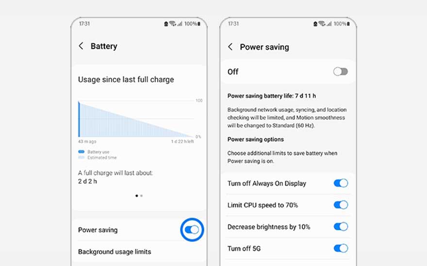 Deux écrans de smartphone affichent les paramètres de batterie et d'économie d'énergie sur un fond gris clair.