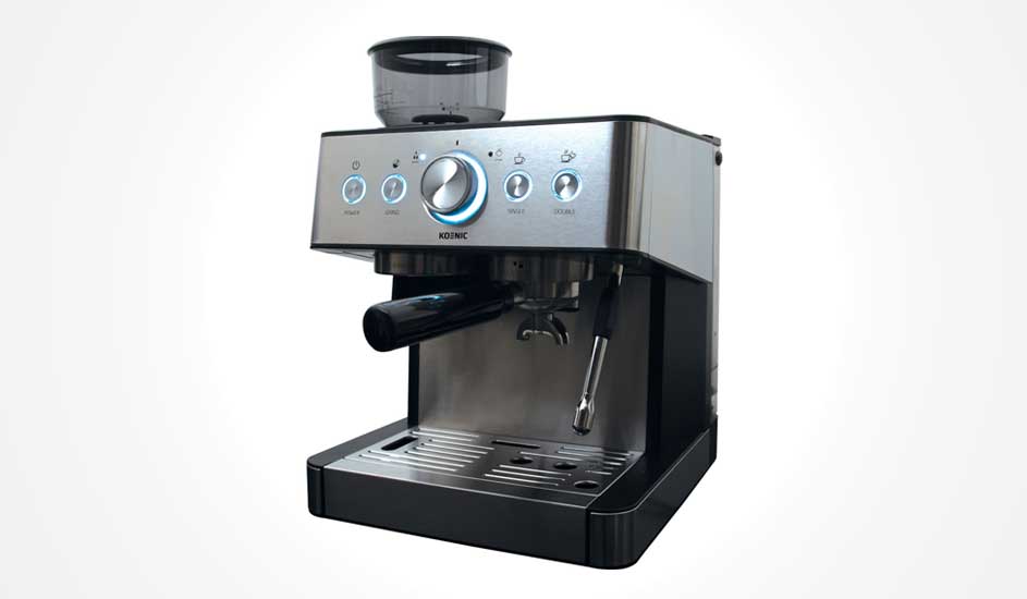 A silver espresso machine is shown against a white background. It has buttons, a control dial, a portafilter, a steam wand and a water reservoir.