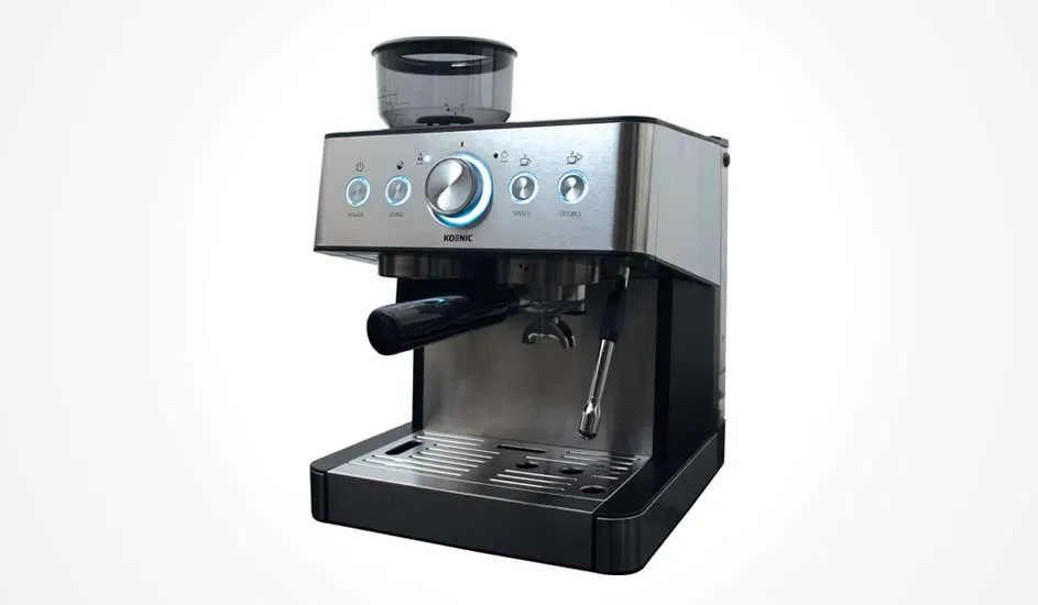 A silver espresso machine is shown against a white background. It has buttons, a control dial, a portafilter, a steam wand and a water reservoir.
