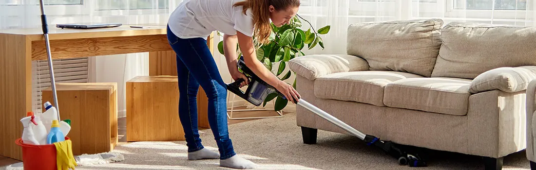 A room with a beige sofa, wooden table, and potted plant. A vacuum cleaner is on the carpet. Cleaning supplies in a red bucket are visible.