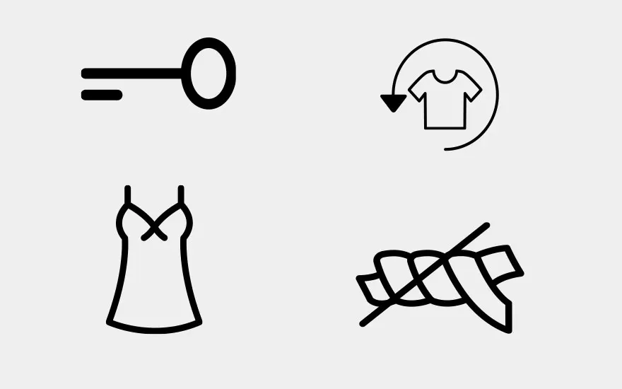 Vier zwarte iconen op een grijze achtergrond: een sleutel, een T-shirt in een pijl, een jurk en een geknoopte lap stof met een kruis erdoor.