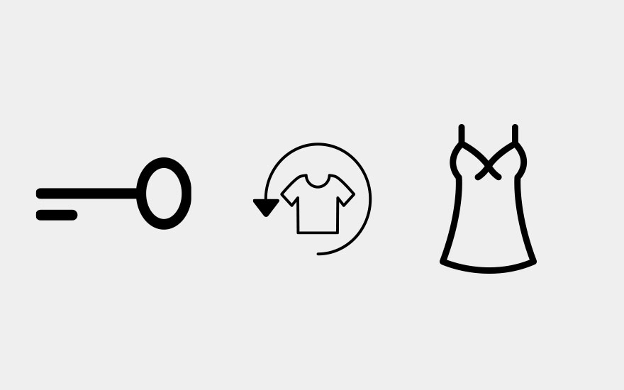 Icônes noires sur fond blanc : clé, T-shirt dans un cercle fléché, débardeur.