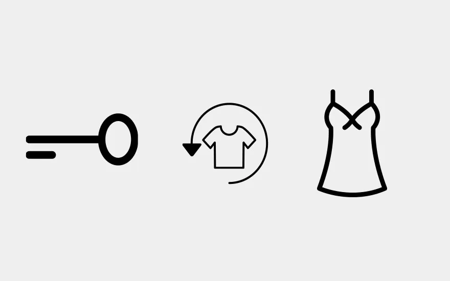 Icônes noires sur fond blanc : clé, T-shirt dans un cercle fléché, débardeur.