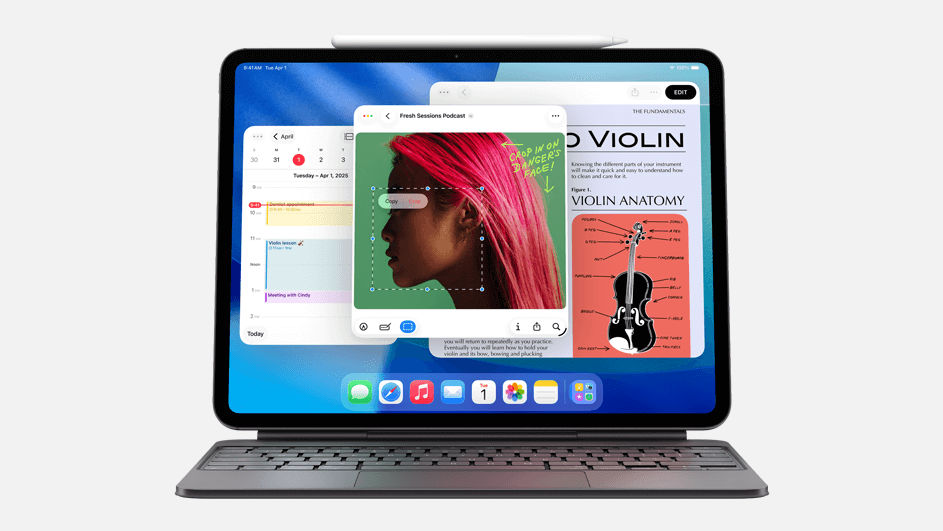 iPad attached to a keyboard with Apple Pencil on top, showing multiple overlapping app windows including calendar, notes, and a podcast image, illustrating multitasking.