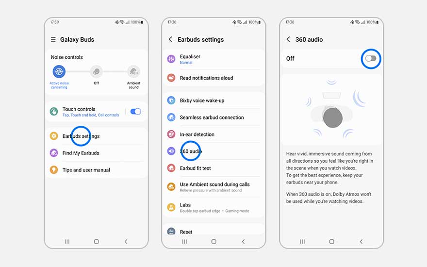 Drie schermen van een smartphone tonen Galaxy Buds instellingen. Menu's voor ruisonderdrukking, equalizer en 360 audio zijn zichtbaar.