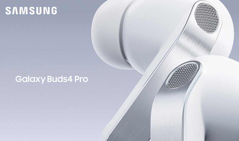 Close-up of white Galaxy Buds4 Pro with brushed metal details, softly lit on a grey background for a refined, premium feel.