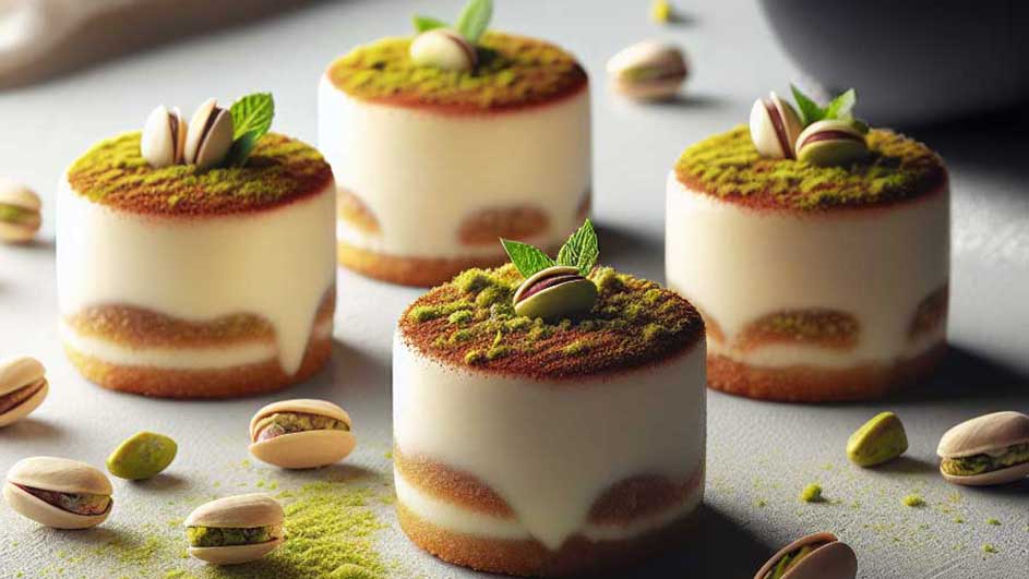 Vier pistachetaartjes met groene topping en hele pistachenoten, naast losse pistachenoten op een grijze ondergrond.