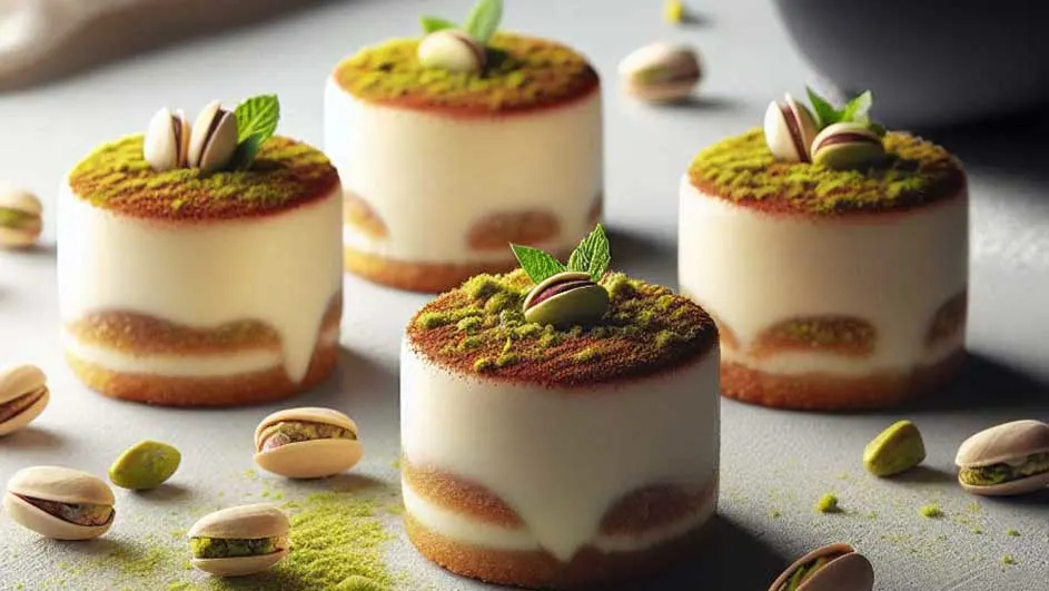 Quatre gâteaux cylindriques blancs et bruns, garnis de pistaches et de feuilles de menthe, sur une surface grise.