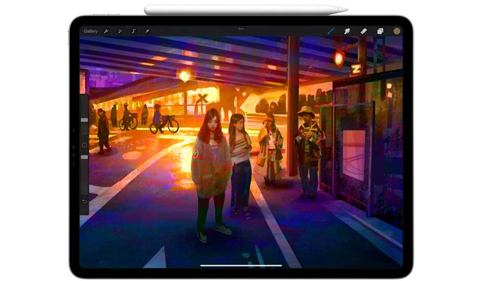 Een zwarte iPad met een digitaal schilderij van een straatscène met mensen, fietsen en een gebouw.