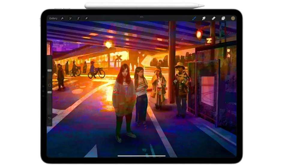 Een zwarte iPad met een digitaal schilderij van een straatscène met mensen, fietsen en een gebouw.