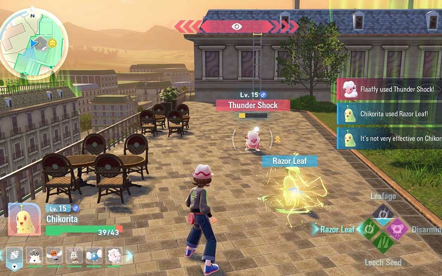 Rooftop battle, Chikorita fights Flaaffy. Player's interface displays health bars and attack info, with the city in the background.