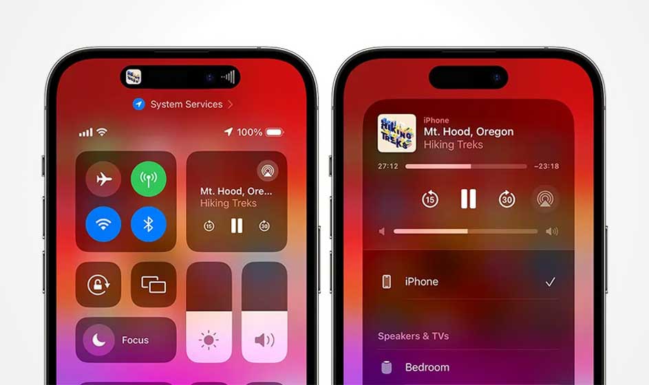 Deux iPhones affichent des écrans de centre de contrôle rouge, avec des icônes pour les paramètres, la musique et les appareils.