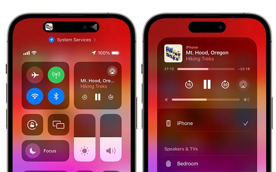 Twee iPhones tonen het Control Center en afspeelbediening voor 'Hiking Treks' van Mt. Hood, Oregon, met volumeregelaars en verbonden apparaten.