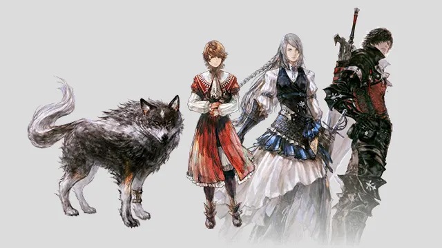 Un loup gris et trois personnages en tenues variées, aux couleurs rouge, blanche, noire et bleue, sur fond gris clair.