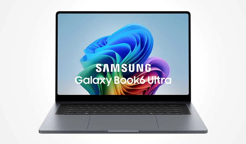 Donkergrijze Galaxy Book6 Ultra-laptop frontaal in beeld, met kleurrijke abstracte vorm op het scherm tegen een strakke witte achtergrond.