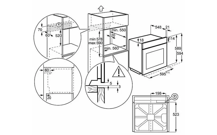 Een technische tekening toont afmetingen voor de installatie van een oven en een kookplaat in een keuken.