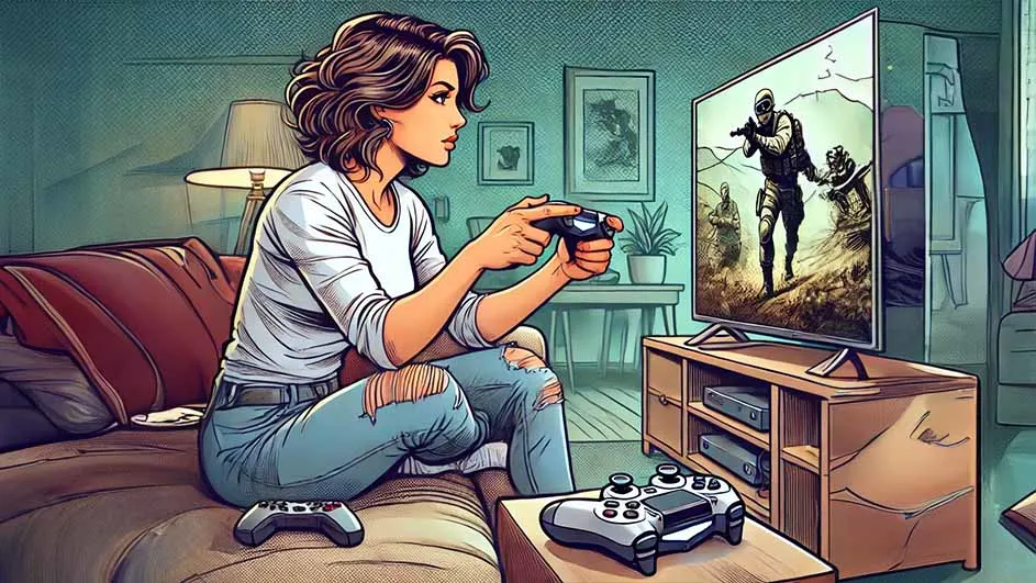 Une illustration montre un écran de télévision sur un meuble en bois, affichant un jeu vidéo de tir. Des manettes de jeu sont posées sur une table basse.