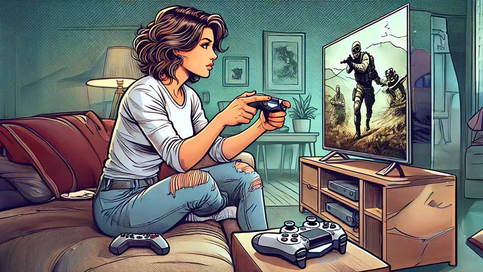 Een illustratie van een woonkamer met een tv waarop een actiespel te zien is, en twee controllers.