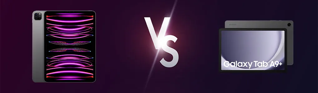 Tablettes grises en comparaison sur fond violet foncé, avec un grand "VS" blanc au milieu.