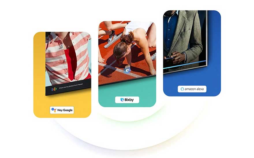 Trois écrans colorés affichent des scènes diverses avec les logos de Hey Google, Bixby et Amazon Alexa.