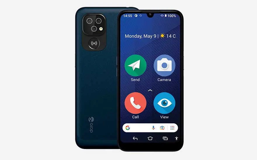 Doro 8200 smartphone met blauw scherm, grote app-iconen en eenvoudige navigatie voor senioren