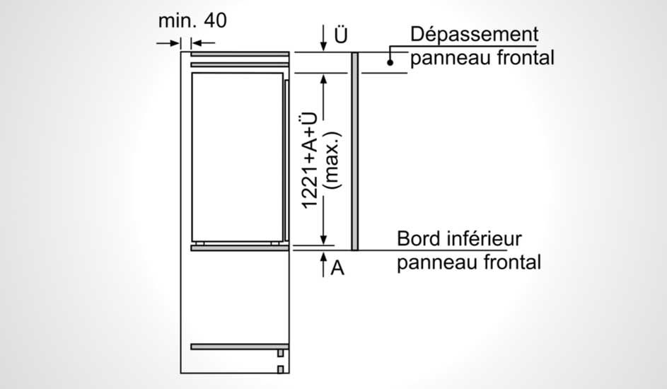 Schéma technique sur fond blanc avec les dimensions d'un réfrigérateur et d'un panneau frontal en noir.