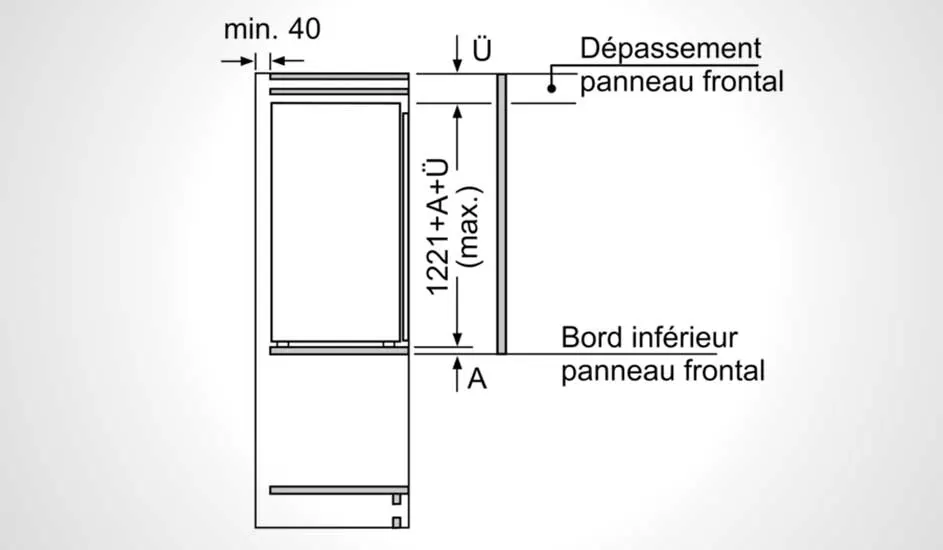 Schéma technique sur fond blanc avec les dimensions d'un réfrigérateur et d'un panneau frontal en noir.
