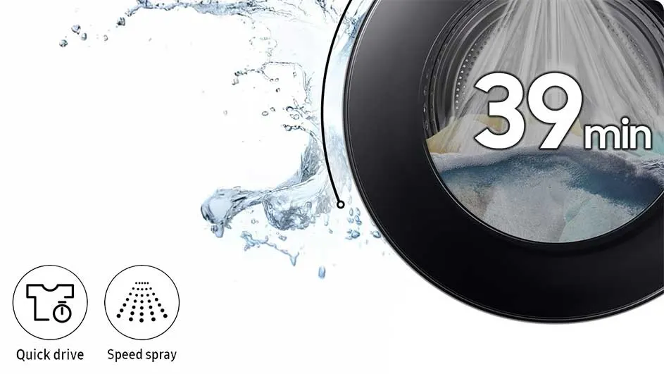 Een wasmachine met een zwart frame toont de tijd "39 min". Water spettert aan de linkerkant. Onder zijn pictogrammen voor "Quick Drive" en "Speed Spray".