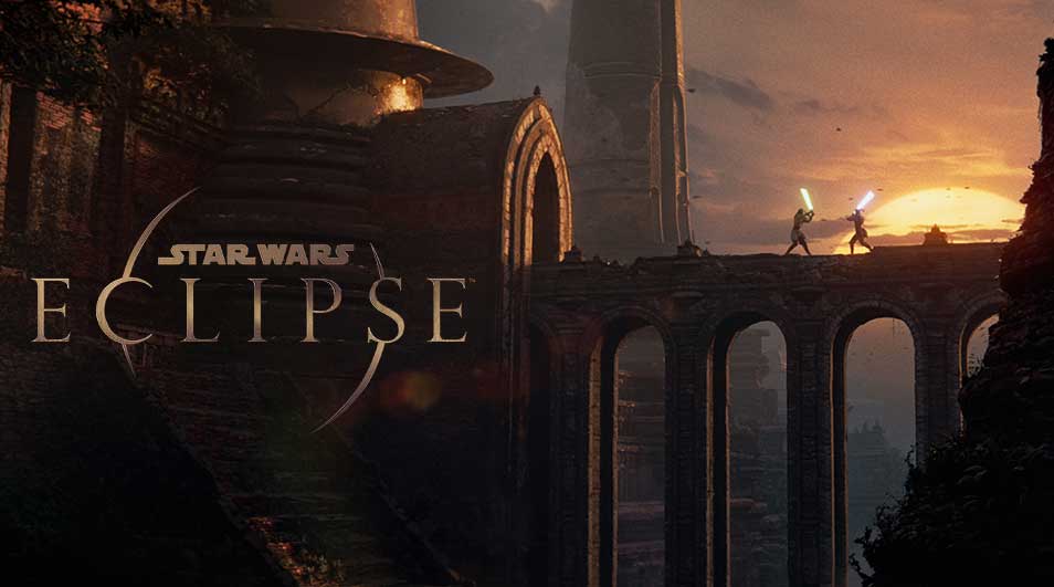 Een scène van Star Wars Eclipse toont een brug bij zonsondergang met twee lichtzwaarden. Het logo van de game staat links.
