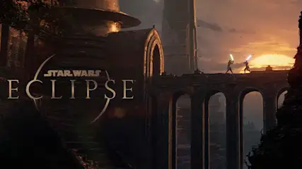 Affiche du jeu Star Wars Eclipse avec deux personnages se battant au sabre laser sur un pont, au coucher du soleil.