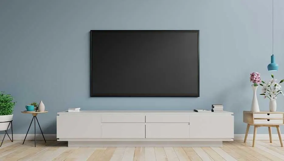 Woonkamer met blauwe muur, witte tv-meubel, houten vloer, planten, bloemen en een tv aan de muur.