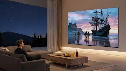 Een man kijkt in een moderne woonkamer naar een grote tv met een historisch schip op het strand bij een kleurrijke avondlucht.