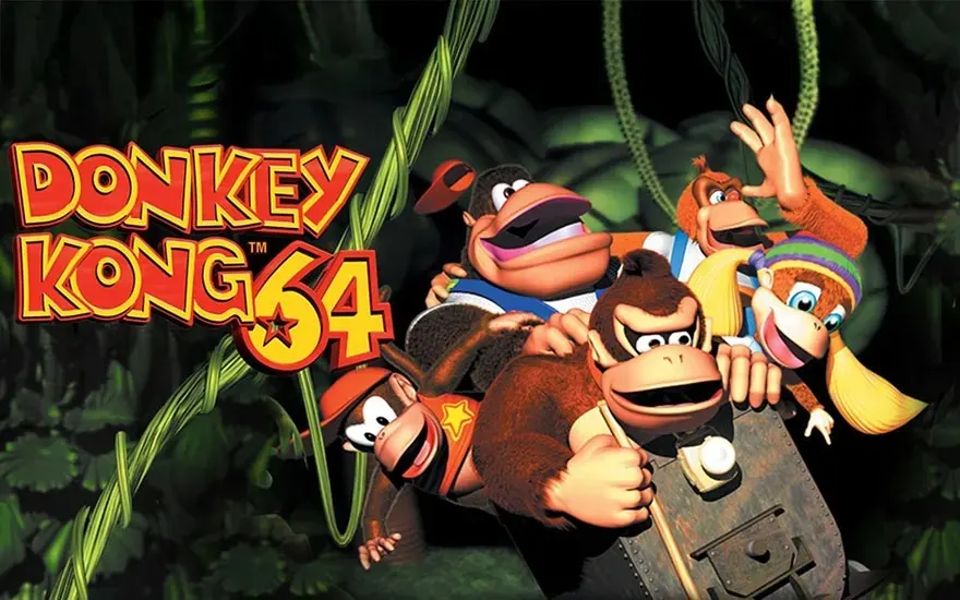 Donkey Kong 64 game artwork met vijf kleurrijke personages in jungle setting. Donkey Kong centraal met vrienden in avontuurlijke poses.