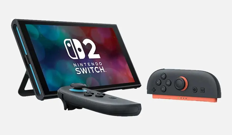 Een Nintendo Switch-console met scherm, standaard en Joy-Cons op een witte achtergrond.