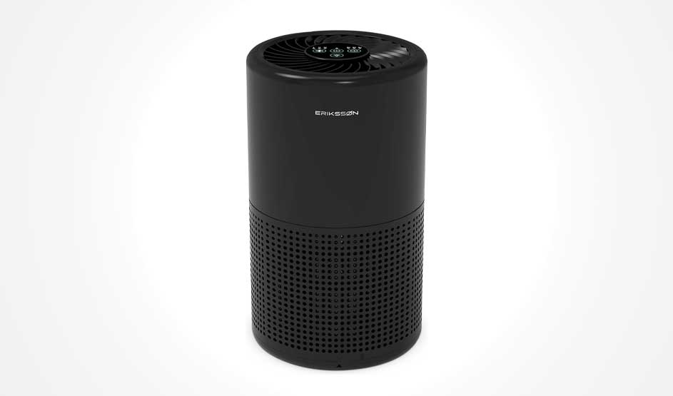 Black cylindrical Eriksson air purifier with perforated lower half and round touch controls on top, displayed alone against a plain white background.