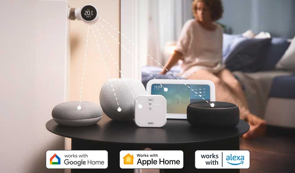 Des enceintes connectées et un hub sont posés sur une table, avec icônes Google Home, Apple Home et Alexa, et quelqu’un sur le canapé.