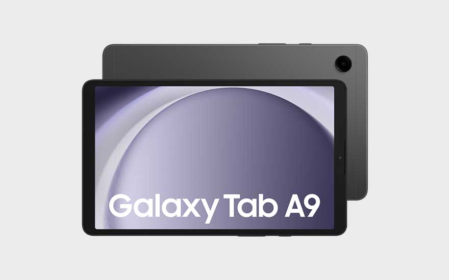 La Samsung Galaxy Tab A9 est présentée de face et de dos, sur fond gris clair, avec un design dans les tons gris.