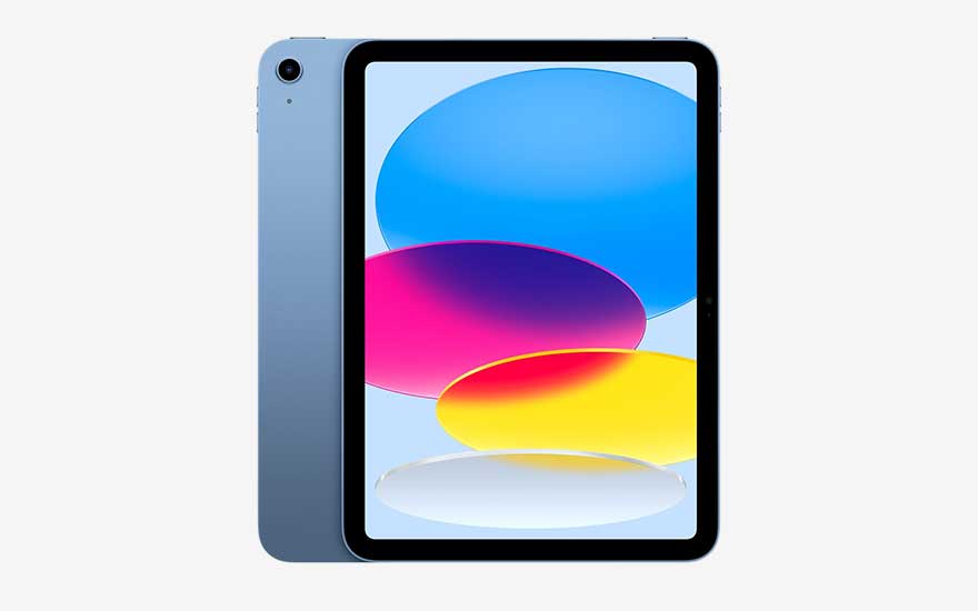 Apple iPad (2025) bleue vue de face et de dos, avec de fines bordures noires et un écran aux formes ovales colorées sur fond clair.