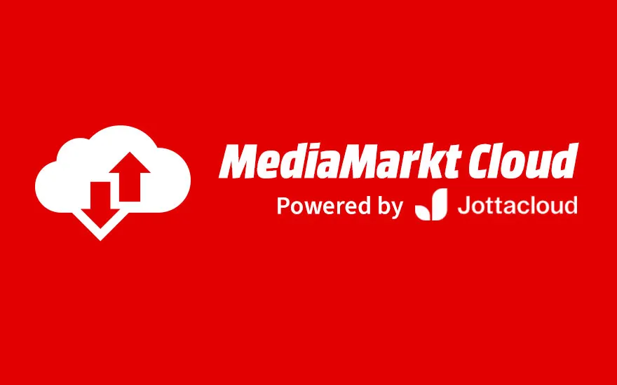 Witte "MediaMarkt Cloud"-tekst op een rode achtergrond, met een wolkpictogram met pijlen en "Powered by Jottacloud".